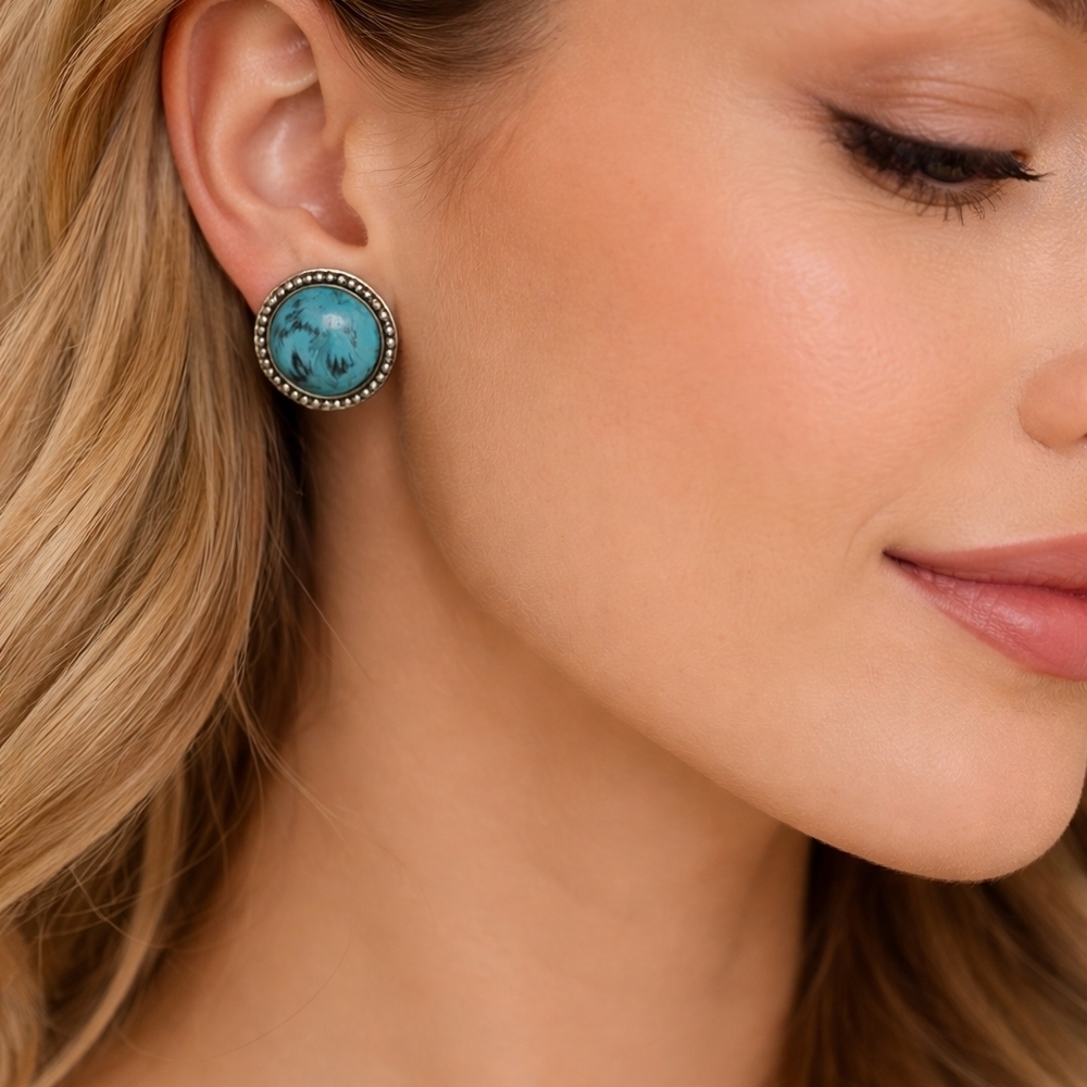 Turquoise Beaded Edge Round Stud Earrings - Women Jewelry Boho Gypsy Silver Tone